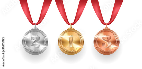 Sparkling winners medals on red ribbons realistic vector illustration. Athletic contest participants rewards 3d models on white background