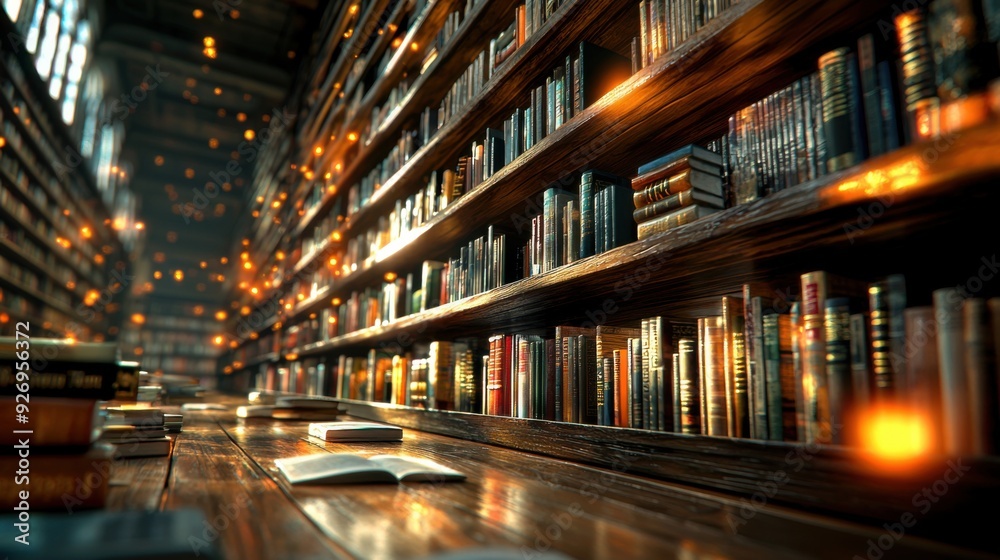 An expansive bookshelf in a grand library filled with a diverse collection of books arranged in neat rows. The wood shelves are richly detailed with intricate carvings and warm lighting casts a soft An expansive bookshelf in a grand library filled with a diverse collection of books arranged in neat rows. The wood shelves are richly detailed with intricate carvings and warm lighting casts a soft