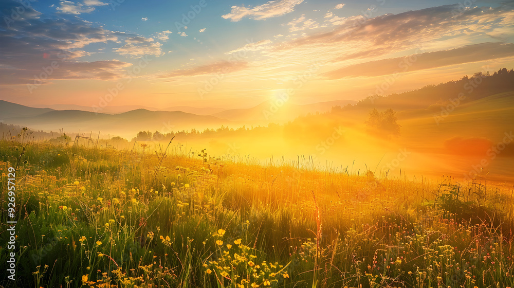 Obraz premium Colorful spring sunrise on meadow