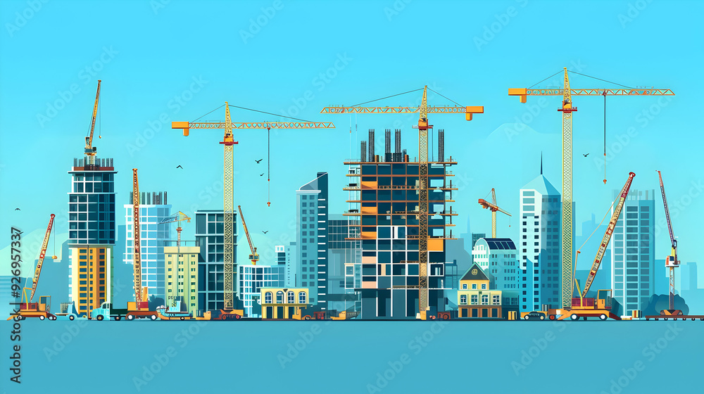 Obraz premium Construction of modern buildings with cranes on blue background.