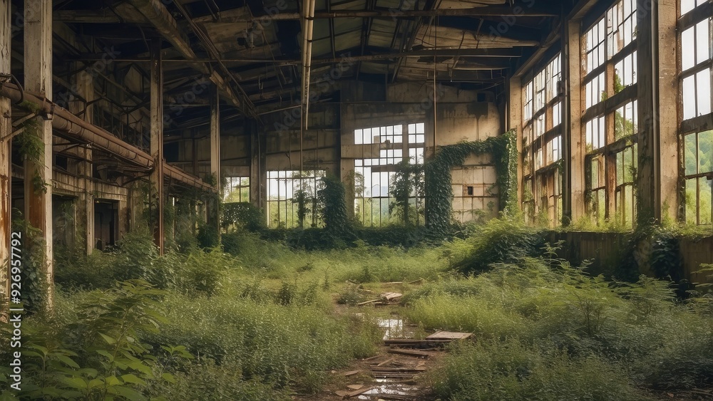Abandoned factory with rusted metal beams and broken windows, overgrown with vege Abandoned factory with rusted metal beams and broken windows, overgrown with vege