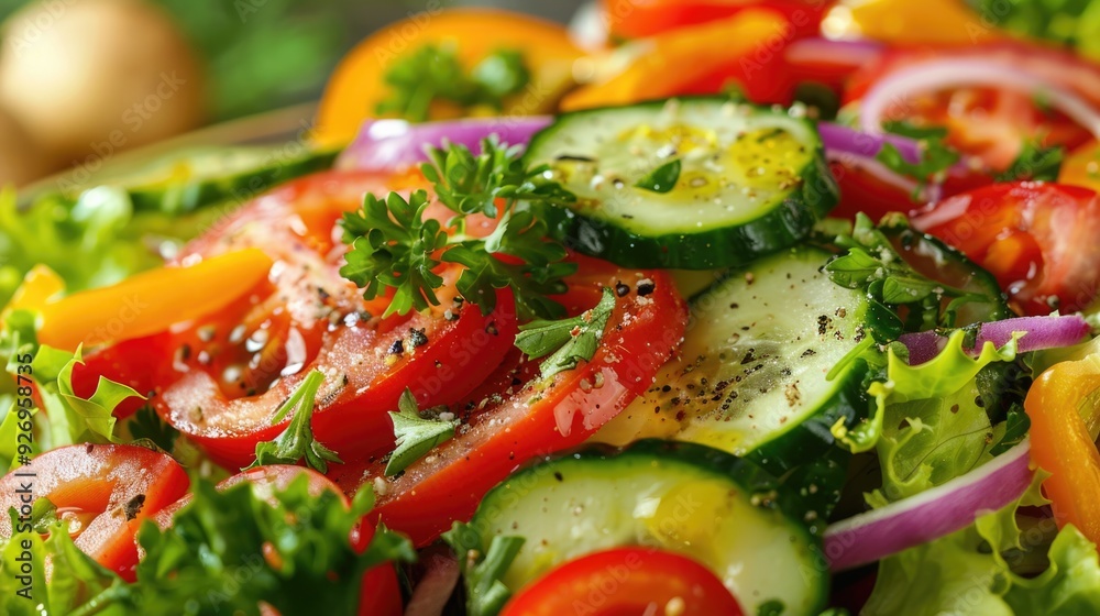 Close-up of a nutritious salad with vibrant vegetables and a mouthwatering dressing Close-up of a nutritious salad with vibrant vegetables and a mouthwatering dressing