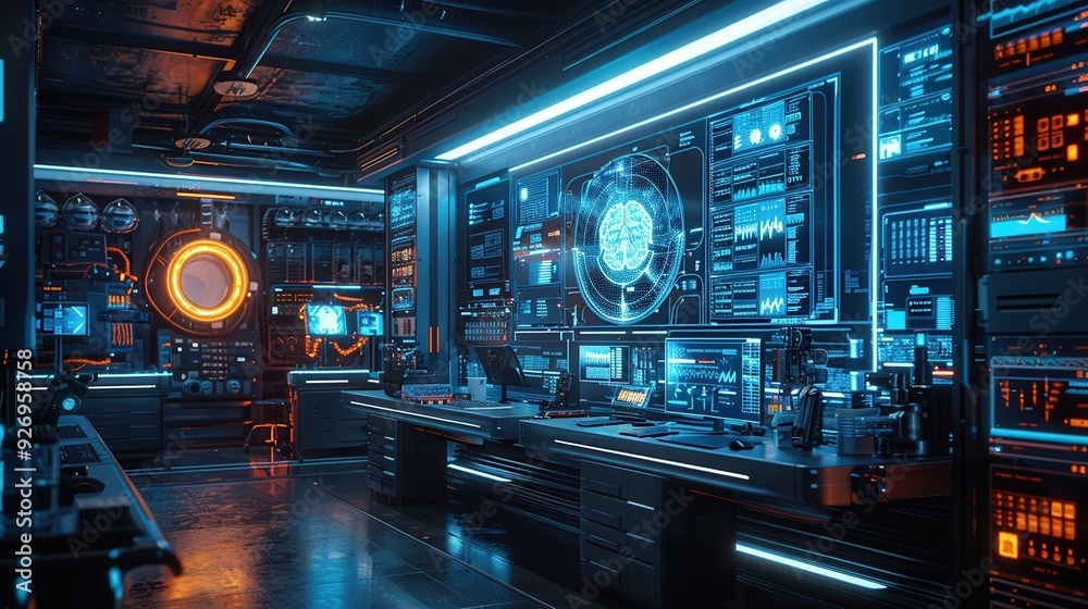 Futuristic High-Tech Lab with Holographic AI Analyzing Data, Space for Text Below Futuristic High-Tech Lab with Holographic AI Analyzing Data, Space for Text Below
