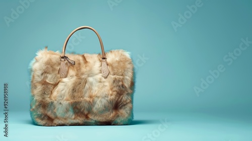 Fur beign color handbag on blue background photo