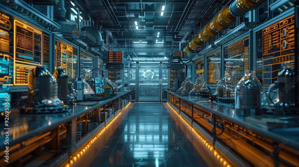 Cutting-Edge High-Tech Lab with AI Systems Processing Real-Time Data Below Space for Text Overlay Cutting-Edge High-Tech Lab with AI Systems Processing Real-Time Data Below Space for Text Overlay