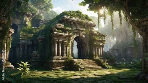 Ancient stone temple surrounded by dense jungle, overgrown vines, mystical atmosphere.-