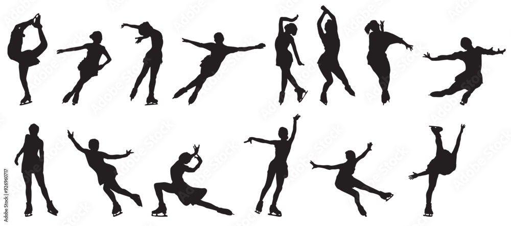 snow ice skater figure skating set silhouette snow ice skater figure skating set silhouette
