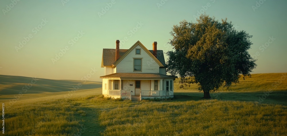 Solitary Farmhouse on a Rolling Green Field A Lone House Nestled in a Sea of Grass at Sunset with a Large Tree and Long Shadows Solitary Farmhouse on a Rolling Green Field A Lone House Nestled in a Sea of Grass at Sunset with a Large Tree and Long Shadows