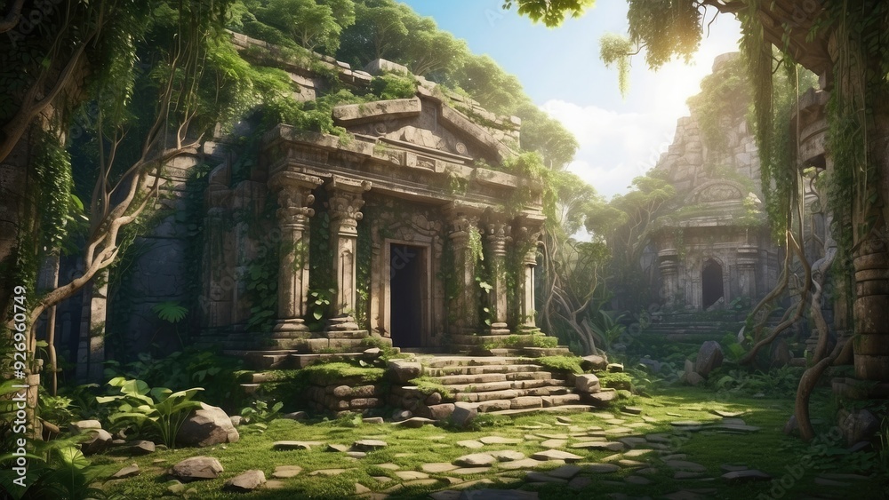 Ancient stone temple surrounded by dense jungle, overgrown vines, mystical atmosphere.- Ancient stone temple surrounded by dense jungle, overgrown vines, mystical atmosphere.-