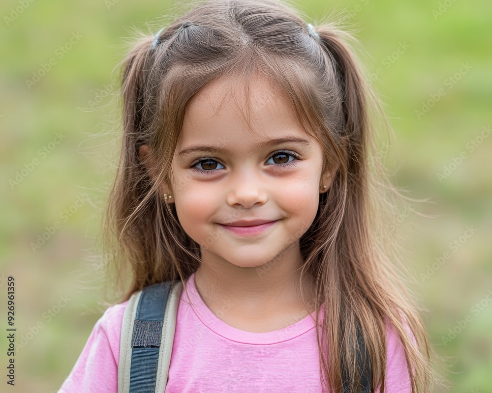 Closeup Portrait of a Smiling Little Girl with Brown Hair and Eyes in a Pink Shirt and Backpack Closeup Portrait of a Smiling Little Girl with Brown Hair and Eyes in a Pink Shirt and Backpack