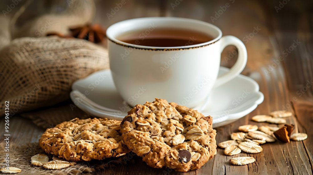 Homemade oatmeal cookies with a cup of tea on wooden background Homemade oatmeal cookies with a cup of tea on wooden background