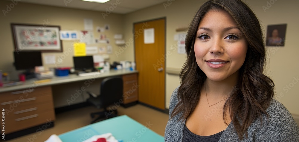 Confident Smile Closeup portrait of a young woman with long brown hair looking directly at the camera in a professional office setting with a blurred background Confident Smile Closeup portrait of a young woman with long brown hair looking directly at the camera in a professional office setting with a blurred background