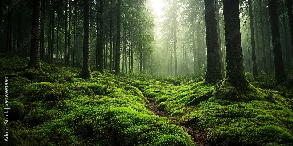 Serene forest scene with lush green moss covering the ground and tall trees in the background, shrouded in mist. Serene forest scene with lush green moss covering the ground and tall trees in the background, shrouded in mist.