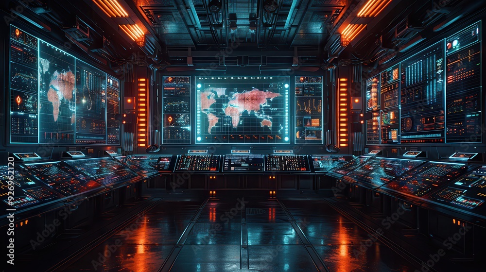 Futuristic Control Room with AI Algorithms Analyzing Data - Technology Concept Background Futuristic Control Room with AI Algorithms Analyzing Data - Technology Concept Background