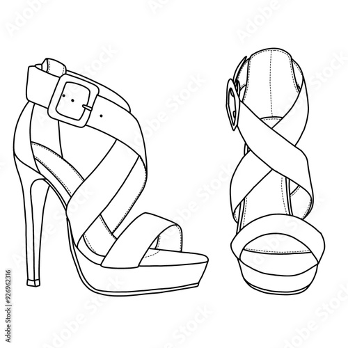 Women's Open Toe High Stilettos Platform Party Pump Heel Sandals Line art, Technical sketch hand drawing outline vector doodle illustration side and front view isolated on white background