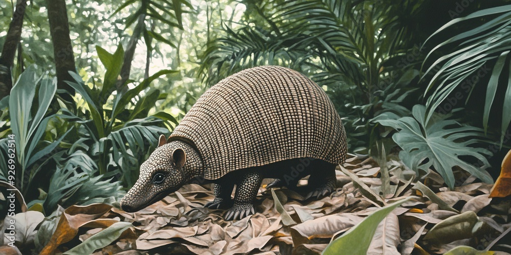 Obraz premium Curious Armadillo Exploring Amazon Jungle Floor Among Lush Leaves and Plants 