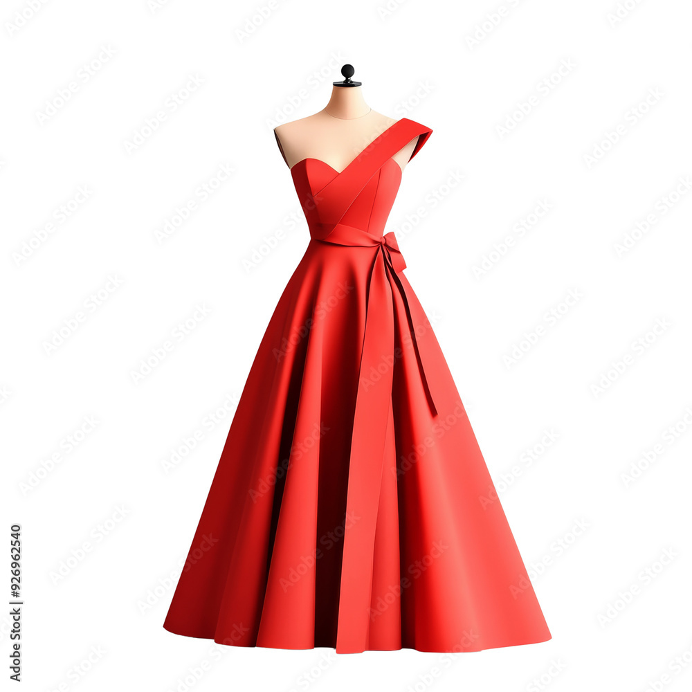 Elegant red one shoulder evening dress on a mannequin. Perfect for special occasions and formal events. Elegant red one shoulder evening dress on a mannequin. Perfect for special occasions and formal events.