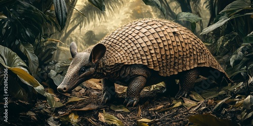 Curious Armadillo Exploring Amazon Jungle Floor Among Lush Leaves and Plants  photo