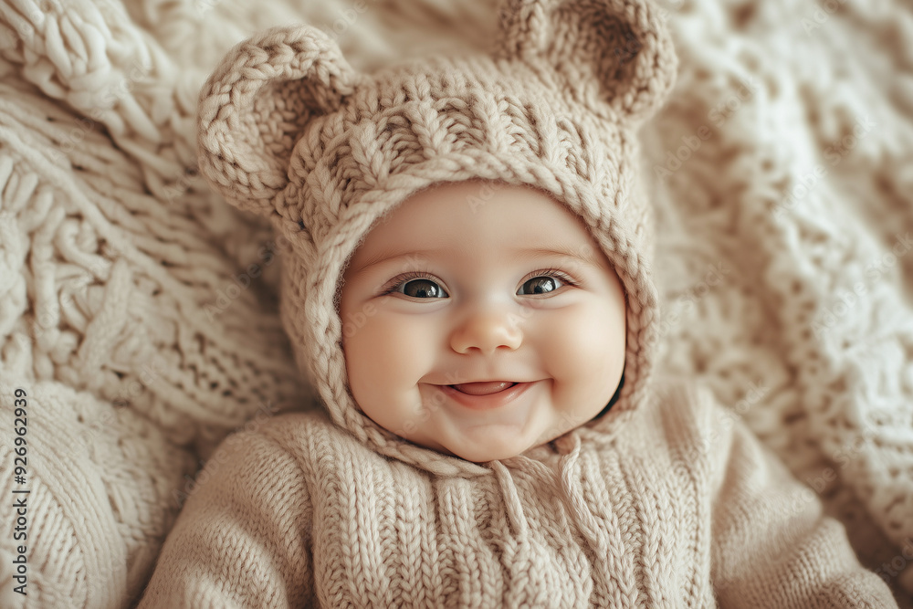 baby wearing a bear hat and a brown sweater is smiling. The baby is laying on a bed with a blanket baby wearing a bear hat and a brown sweater is smiling. The baby is laying on a bed with a blanket