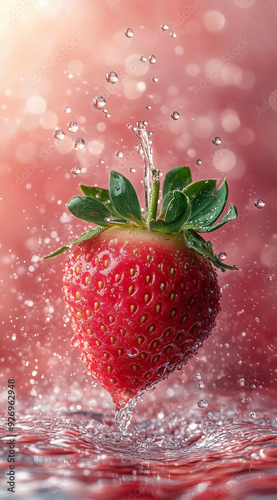 Refreshing Summer Delight: Juicy, Shiny Strawberry Floating in Water Splash on Solid Color Background, with Fresh Green Leaves and Soft Shadows, Creating a Bright and Clear Atmosphere