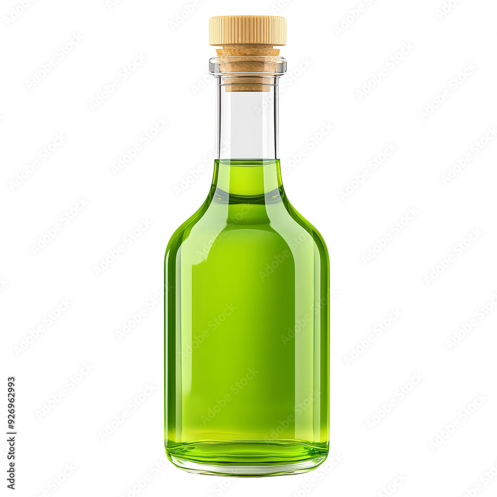 Green liquid in a clear glass bottle with a cork, isolated on a transparent background. Green liquid in a clear glass bottle with a cork, isolated on a transparent background.