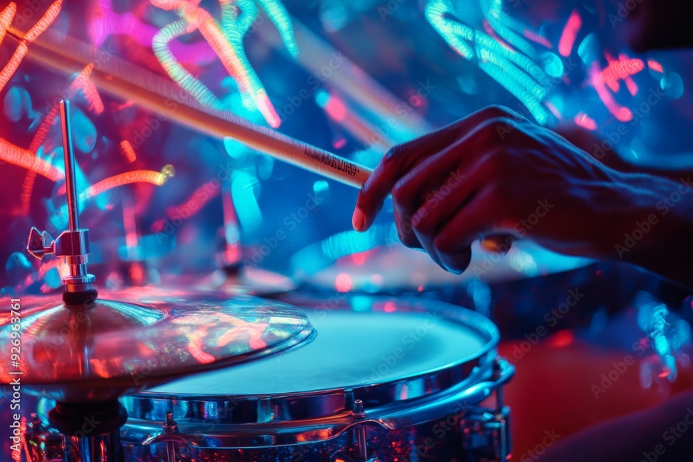 Obraz premium Close-up of drummer's hand playing drum kit in vibrant neon lights, capturing the rhythm and energy of live music performance.