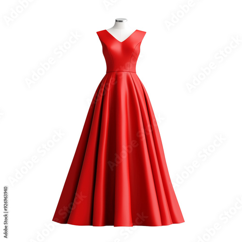 Elegant red satin evening gown, isolated on a black background. Perfect for fashion and retail.