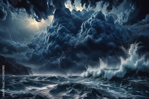 Stormy Sea with Lightning and Waves photo