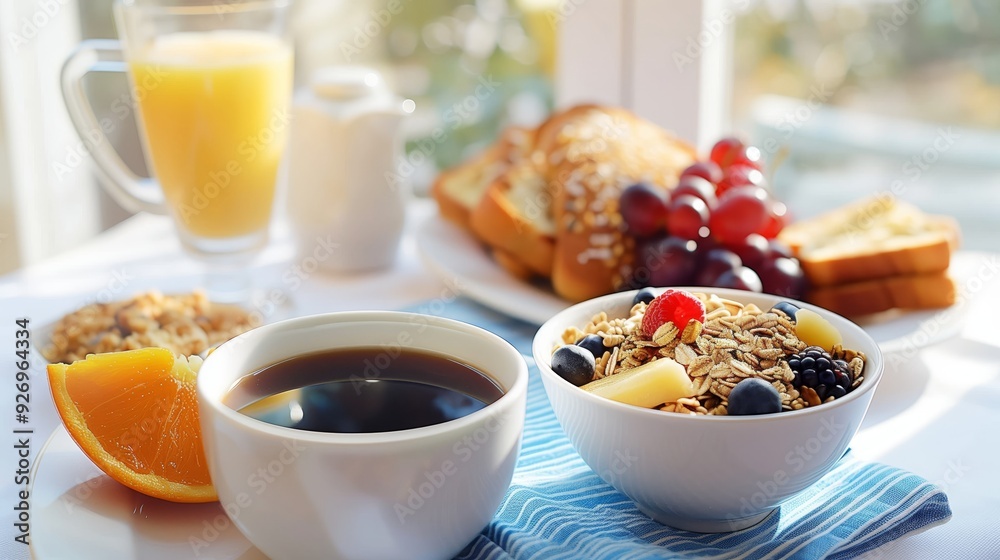 A photo of an healthy breakfast with fresh fruit, granola and coffee on white table cloth A photo of an healthy breakfast with fresh fruit, granola and coffee on white table cloth