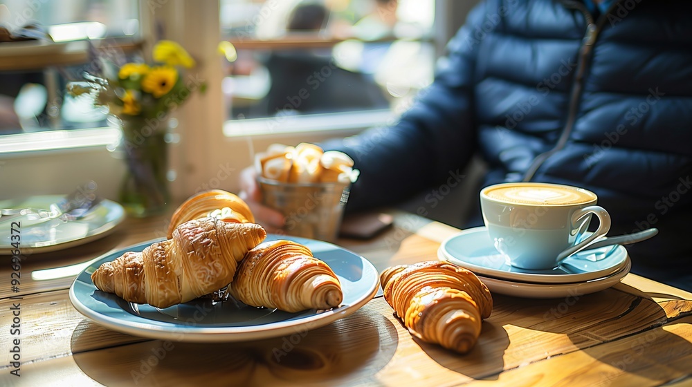 A photograph of a person enjoying breakfast with coffee and croissants at a table with natural lighting A photograph of a person enjoying breakfast with coffee and croissants at a table with natural lighting