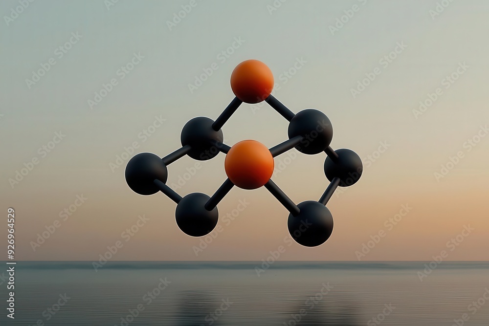 Obraz premium Spherical organic molecules floating in a minimalist, artistic composition, each connected by delicate bonds, Spherical molecules, Elegant Organic Chemistry