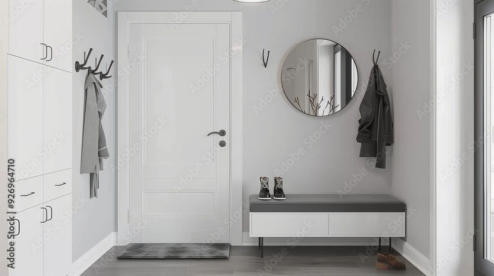 Minimalist modern entrance hall with a white door, gray wooden floor and black metal accessories Minimalist modern entrance hall with a white door, gray wooden floor and black metal accessories
