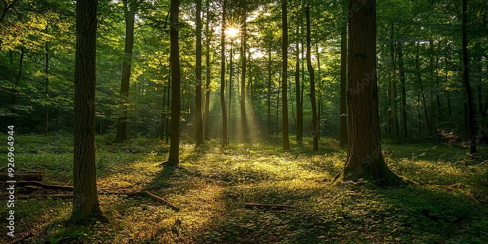 Obraz premium Sunlight filters through the trees, creating a serene atmosphere in a forest glade