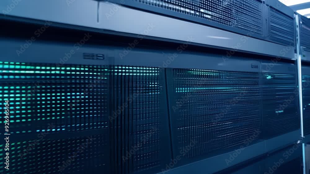 The camera slowly zooms in on a sleek server rack with blinking lights highlighting the advanced cloud computing and machine learning concept in a stateoftheart datacenter.