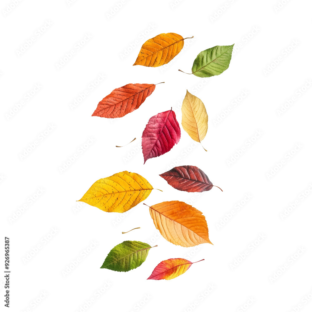 Fototapeta premium Falling colorful autumn leaves isolated on transparent background.