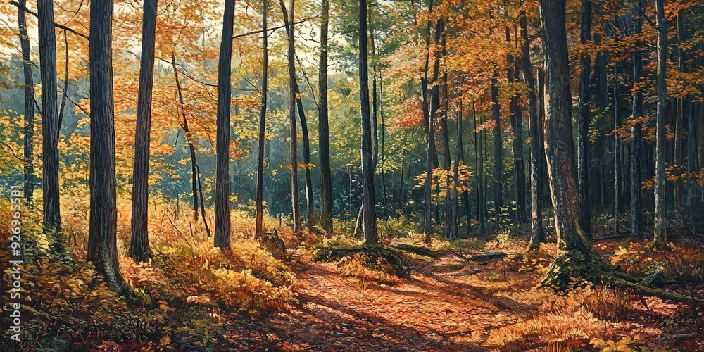 Fototapeta premium Temperate forest, seasonal changes, deciduous trees, forest floor life