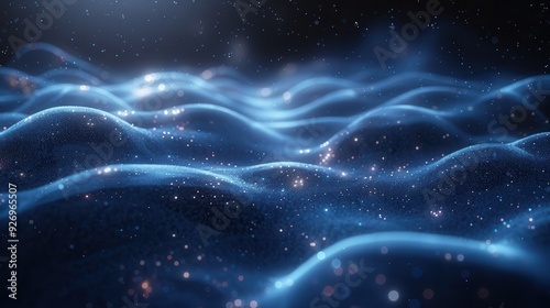 Quantum Computing Concept Art with Waves and Particles, Blank Space for Text on Right Side