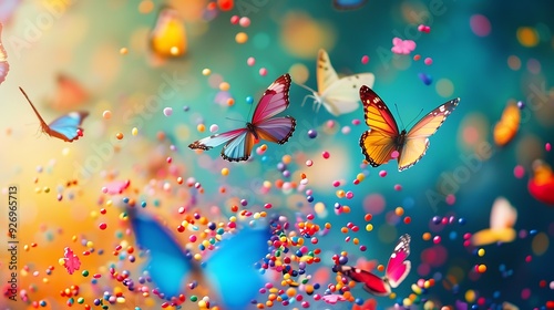 Multicolored butterflies pastry sprinkles fly out of the flower on colorful background