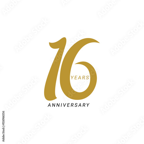 16 logo, 16th Years Anniversary Logo, Gold Color, Vector Template Design element for birthday, invitation, wedding, jubilee and greeting card illustration.