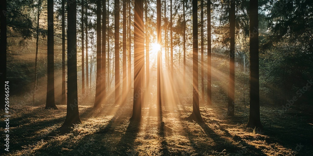 Obraz premium Sun shining through trees in forest 