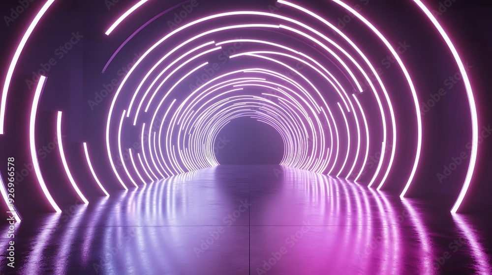 Abstract purple neon light tunnel with reflective floor. Abstract purple neon light tunnel with reflective floor.