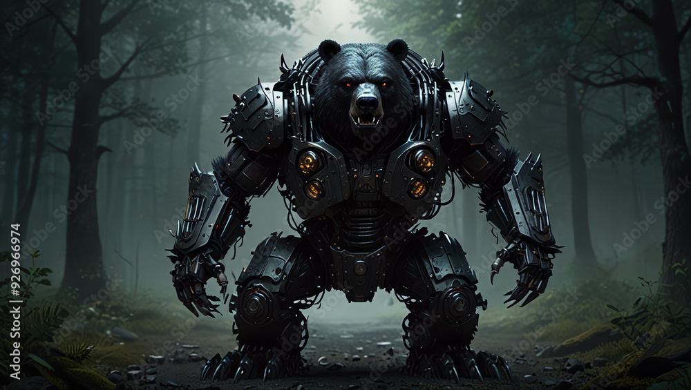Fototapeta premium illustration of a giant black bear monster robot made of iron