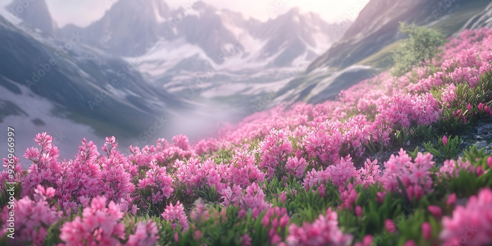 Fototapeta premium Magic pink rhododendron flowers on summer mountain 