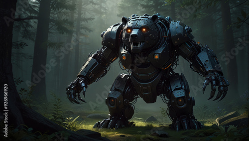 illustration of a giant black bear monster robot made of iron