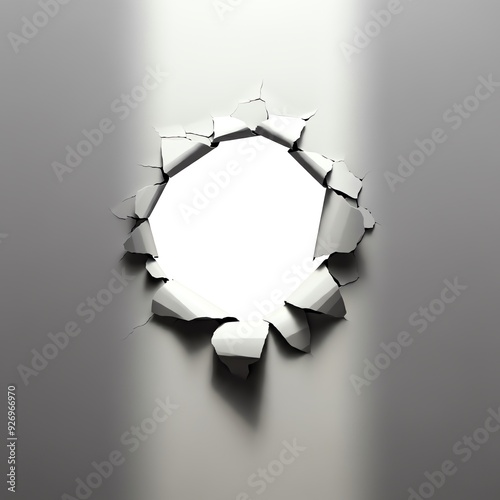 Hole breaking through white wall, cut out photo