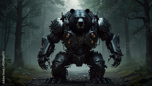 illustration of a giant black bear monster robot made of iron