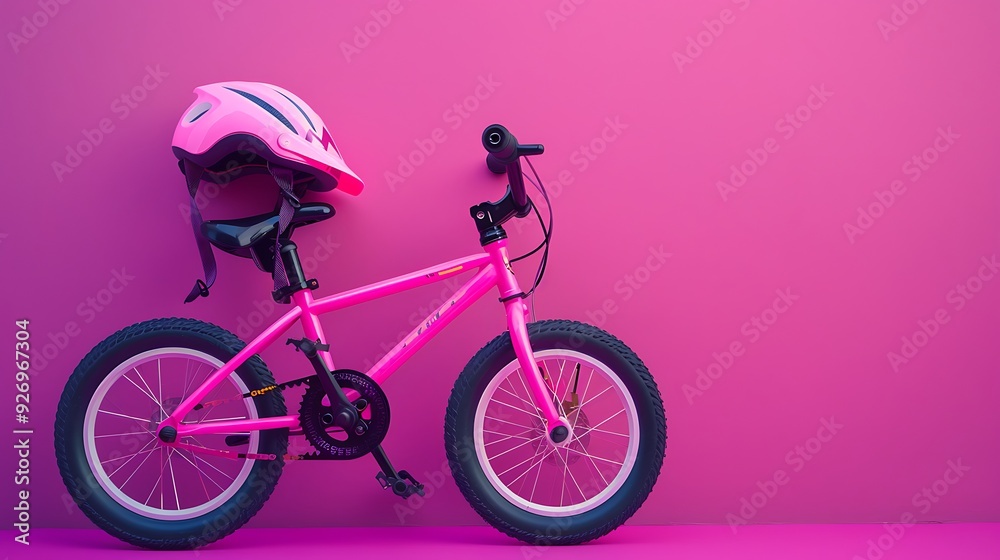 Pink bicycle toy pink with helmet on pink and purple background Pink bicycle toy pink with helmet on pink and purple background