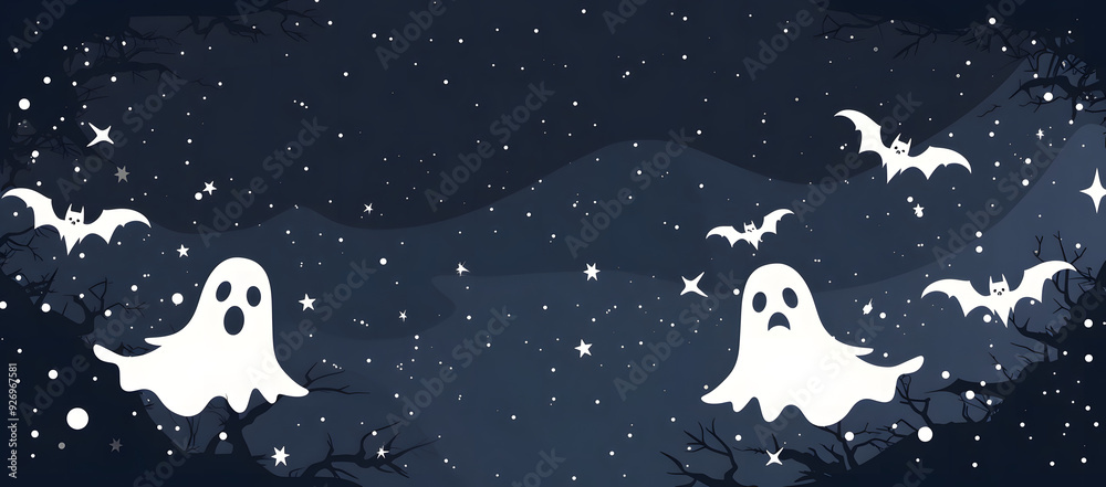 Modern Halloween-themed backdrop with dark midnight blue background featuring scattered white stars and subtle silhouettes of ghosts and bats. Ideal for showcasing Halloween decorations, invitations Modern Halloween-themed backdrop with dark midnight blue background featuring scattered white stars and subtle silhouettes of ghosts and bats. Ideal for showcasing Halloween decorations, invitations