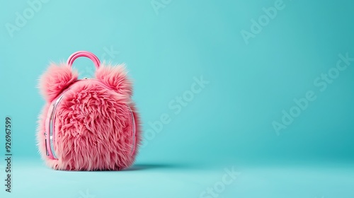 pink fur ball bagand backpack decoration on blue background photo