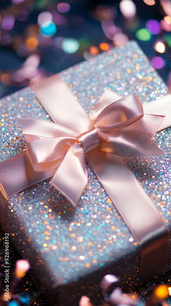 Beautifully wrapped glittery gift box with a satin ribbon bow, perfect for celebrations and special occasions. Beautifully wrapped glittery gift box with a satin ribbon bow, perfect for celebrations and special occasions.